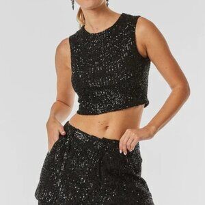 Noli Sequin Top Black Glam Bling Cropped Sleeveless Womens Size